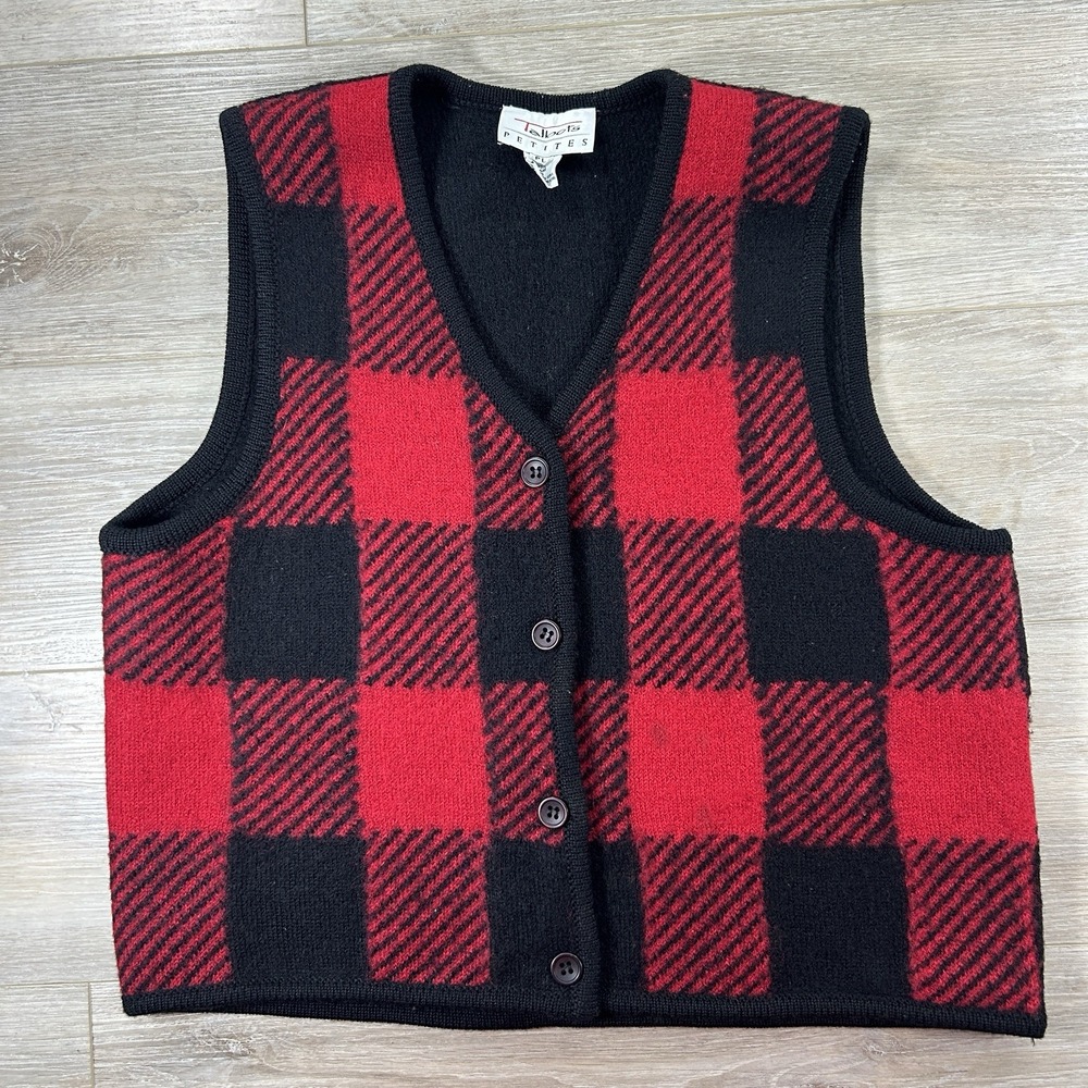 VTG Talbots Petite Large 100% Wool Red And Black Plaid 3 Button Vest **